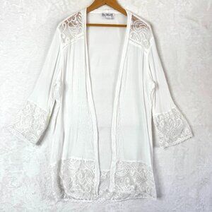 Linea Donatella Flower Child Sheer Lace Trim Kimono Robe Womens S M Off White